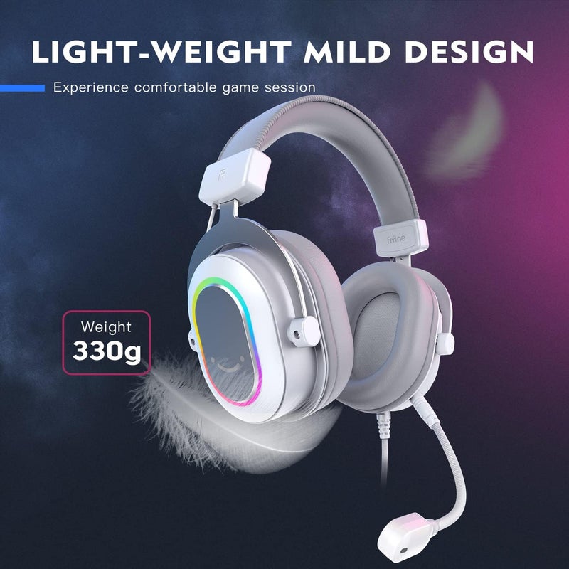 FIFINE USB Gaming Headset, PC Headphones Wired with Microphone for Computer/Laptop, Over-Ear RGB Headset with 7.1 Surround Sound, Noise Cancellation for Streaming Video Game- AmpliGame H6 (White) - Image 5